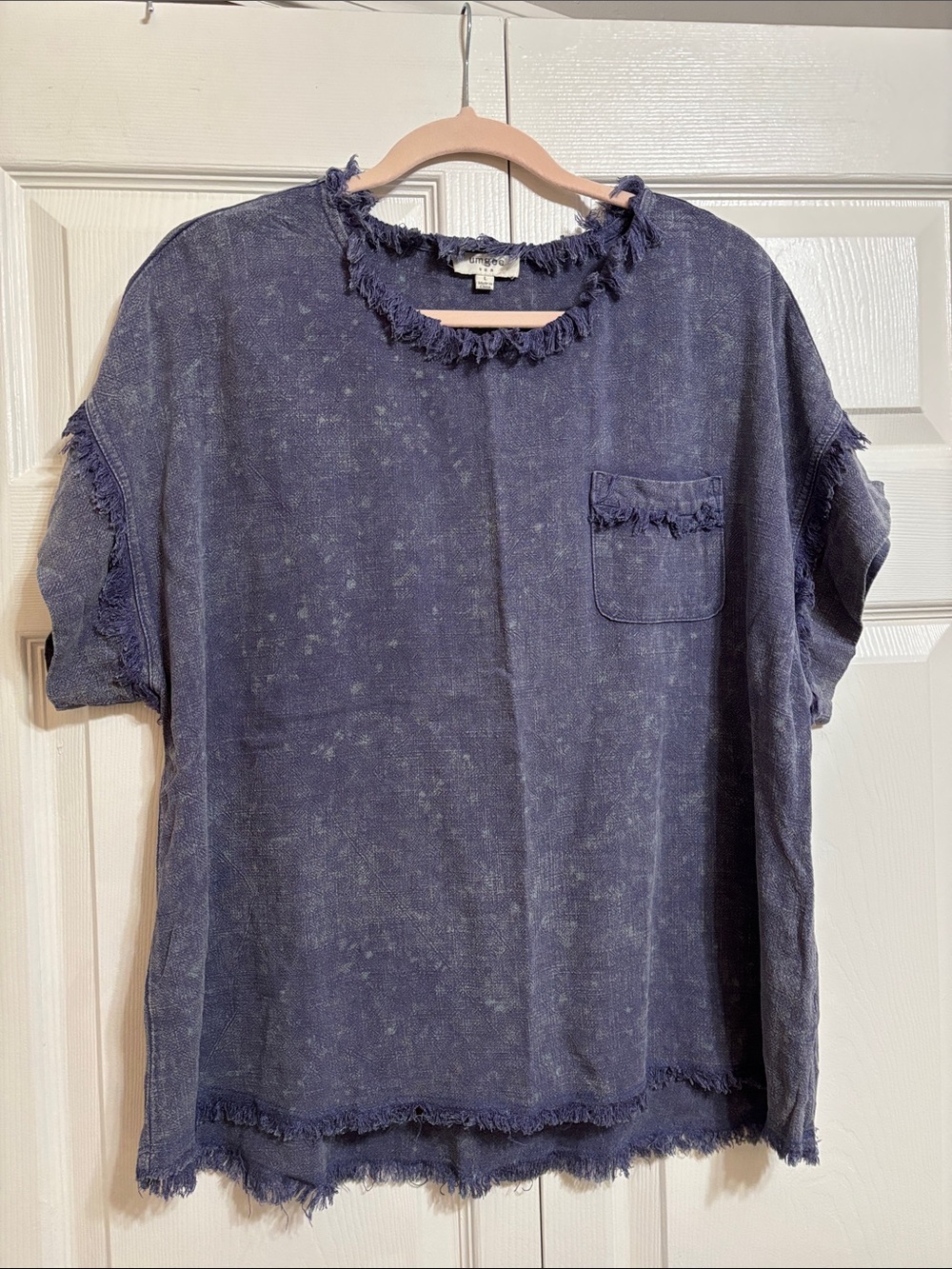 Umgee Washed Navy Blue Short Sleeve Blouse with Frayed Trim
